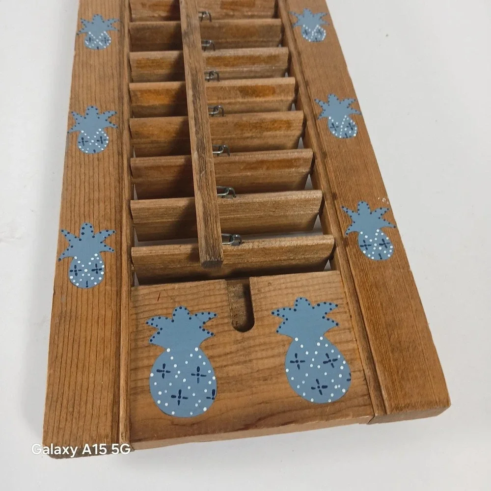 Artist Painted Wood Window Shutter Blind Vtg USA Wall Mount Panel Pineapple Blue